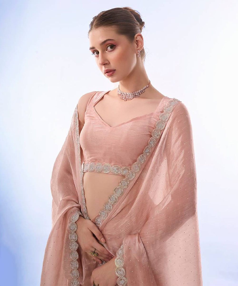 Pink Organza Saree with Elegant Silver Lace Detailing