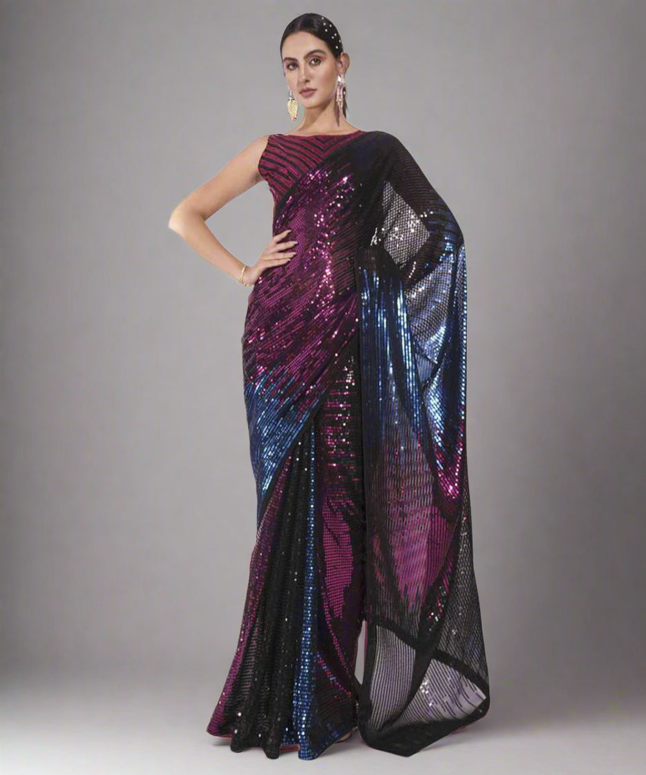 Black Sequin Georgette Saree with Multicolor Shimmering Highlights