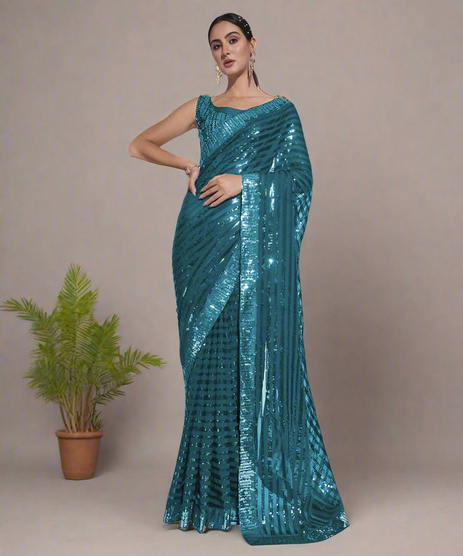 Women's Sequence Work Georgette Teal Saree with Unstitched Blouse