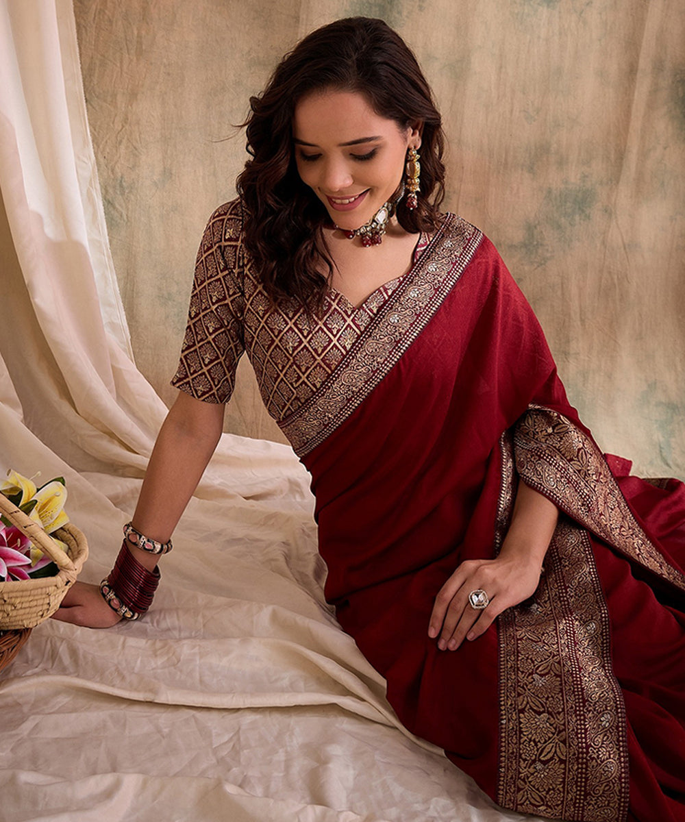 Deep Red Saree with Zari Woven Border and Blouse