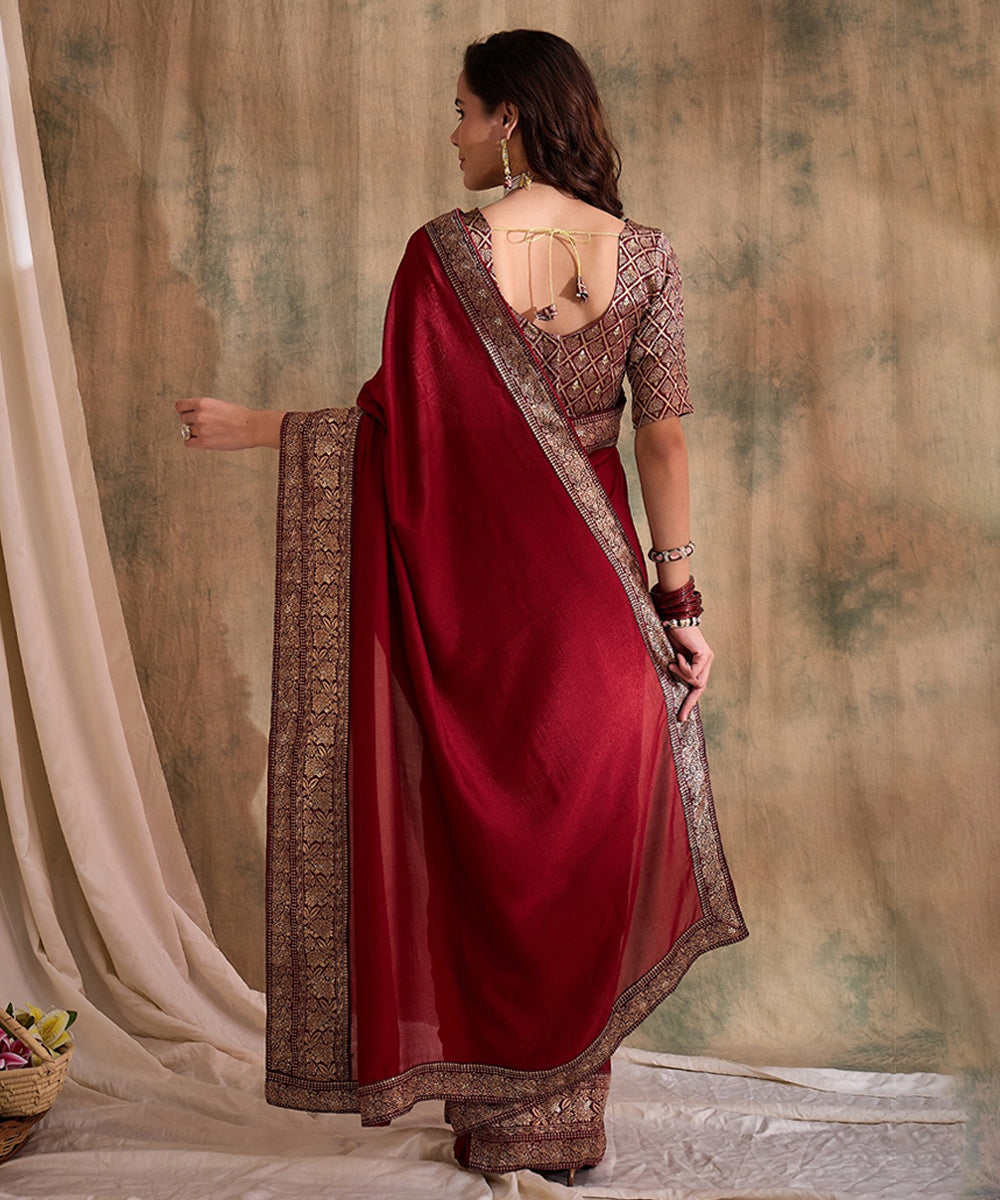 Deep Red Saree with Zari Woven Border and Blouse