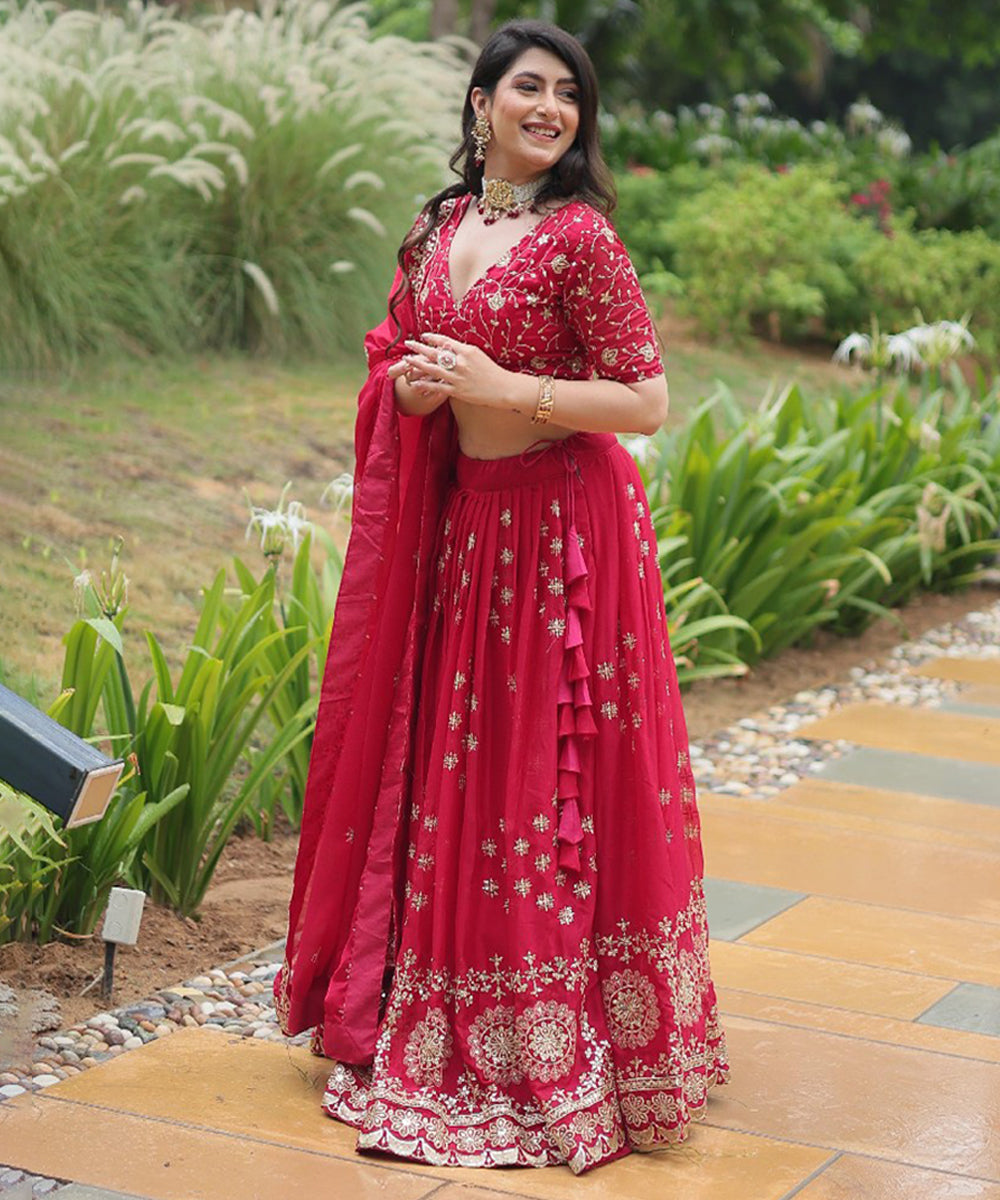 Red Sequins Work Silk Lehenga Choli with Grand Embroidery Unstitched