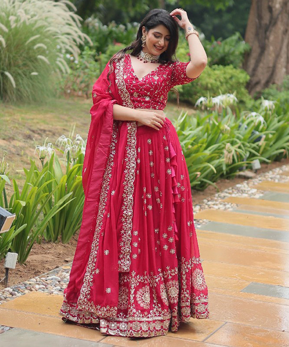 Red Sequins Work Silk Lehenga Choli with Grand Embroidery Unstitched