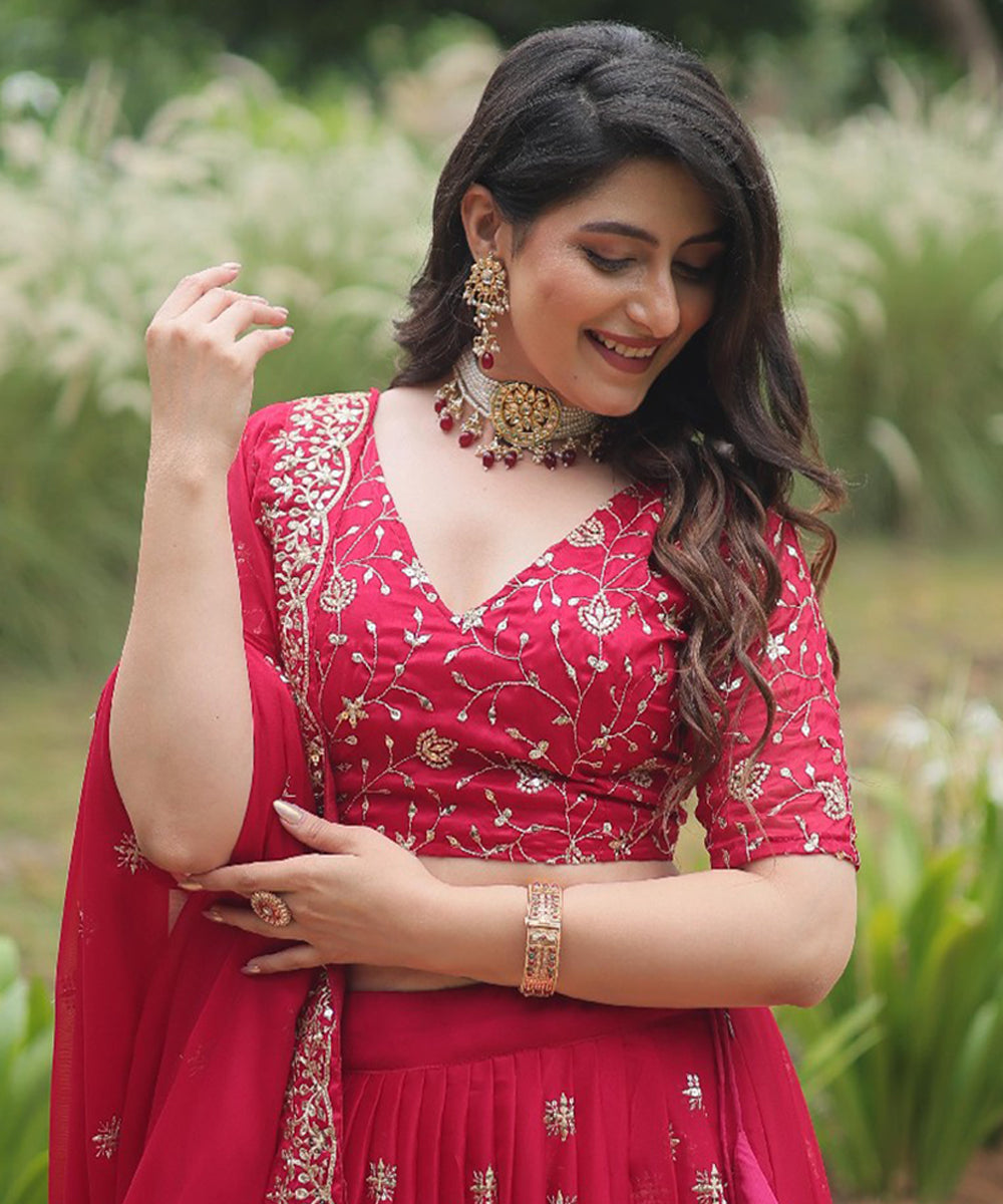 Red Sequins Work Silk Lehenga Choli with Grand Embroidery Unstitched