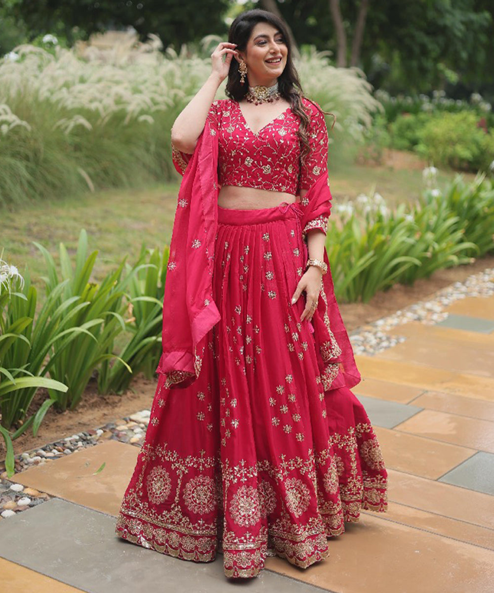 Red Sequins Work Silk Lehenga Choli with Grand Embroidery Unstitched