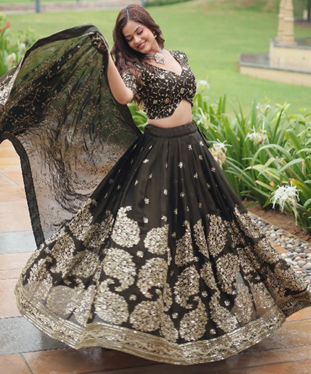Green Sequins Work Silk Lehenga Choli with Luxurious Detailing Unstitched