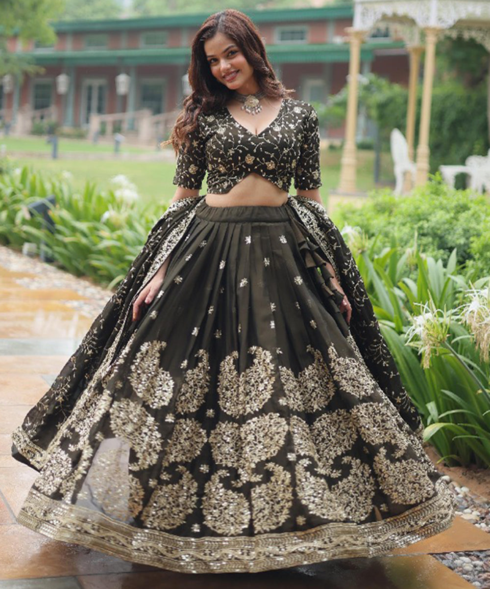 Green Sequins Work Silk Lehenga Choli with Luxurious Detailing Unstitched