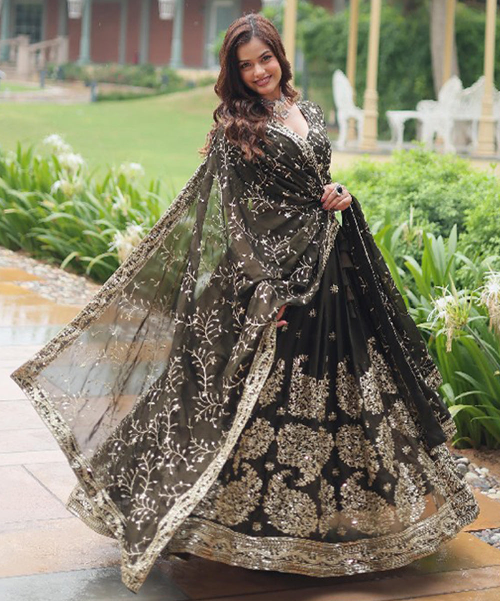 Green Sequins Work Silk Lehenga Choli with Luxurious Detailing Unstitched