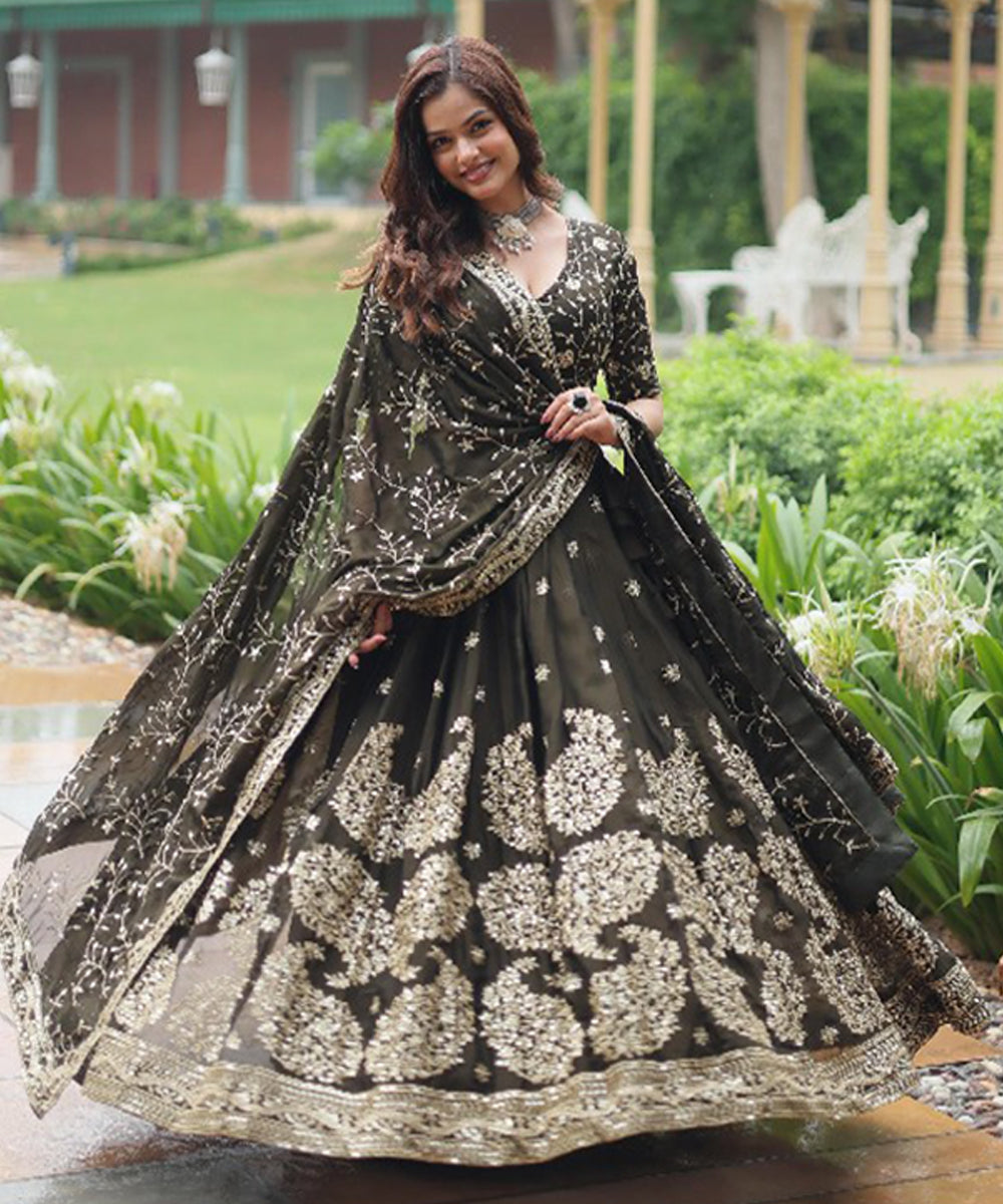 Green Sequins Work Silk Lehenga Choli with Luxurious Detailing Unstitched