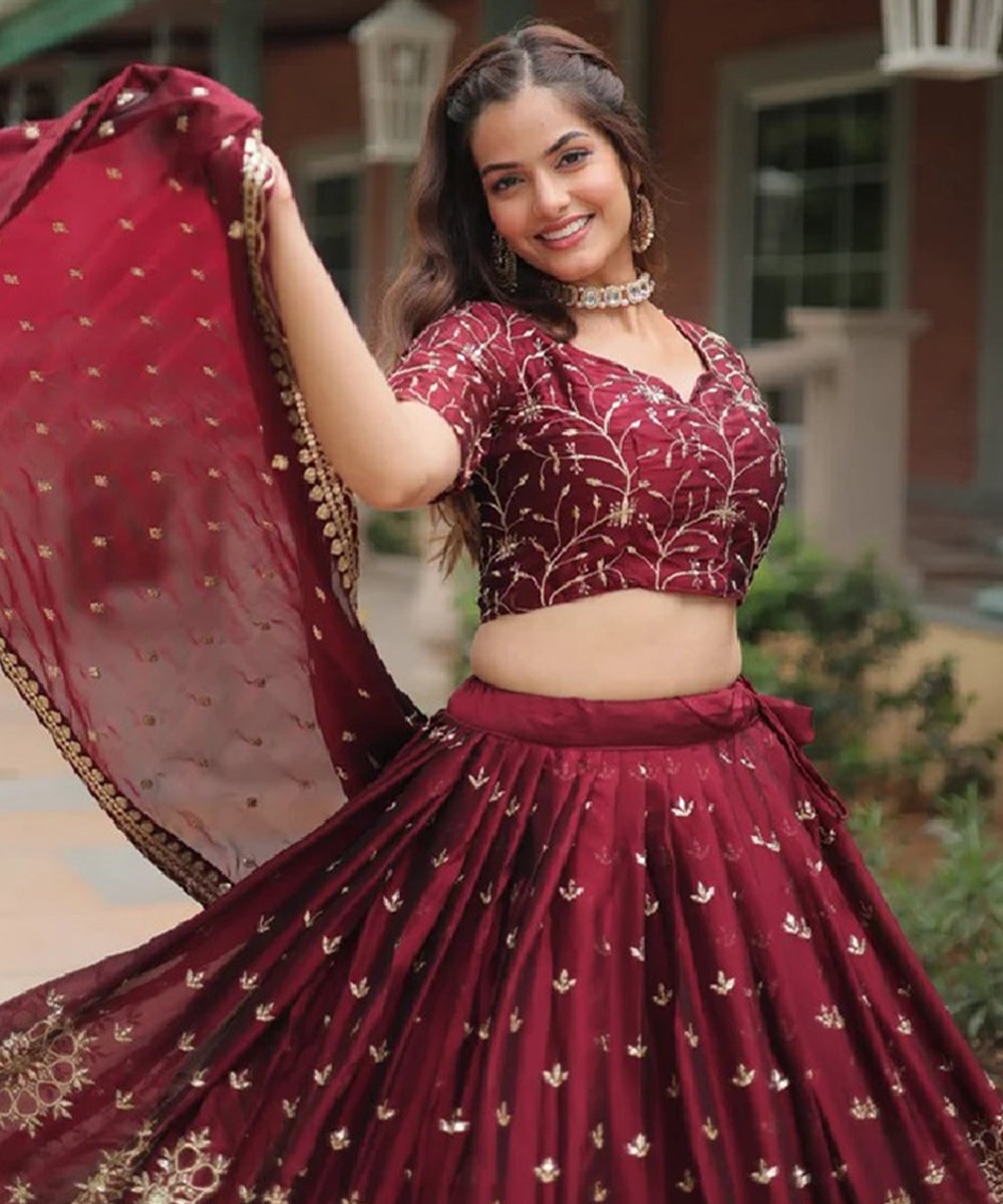 Maroon Sequins Work Silk Lehenga Choli with Royal Elegance Unstitched