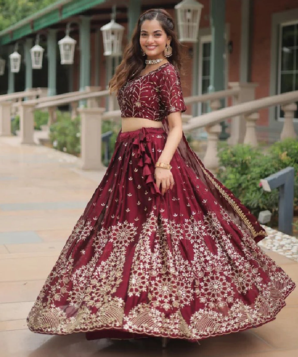 Maroon Sequins Work Silk Lehenga Choli with Royal Elegance Unstitched