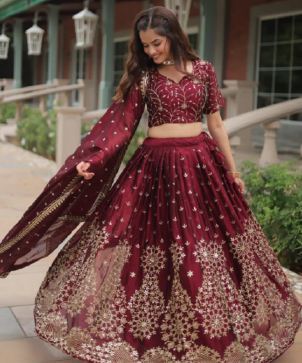Maroon Sequins Work Silk Lehenga Choli with Royal Elegance Unstitched