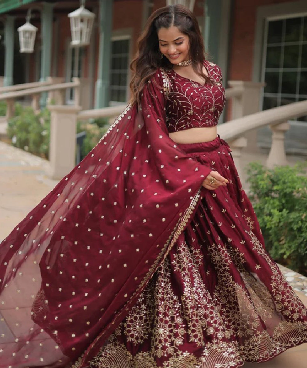 Maroon Sequins Work Silk Lehenga Choli with Royal Elegance Unstitched