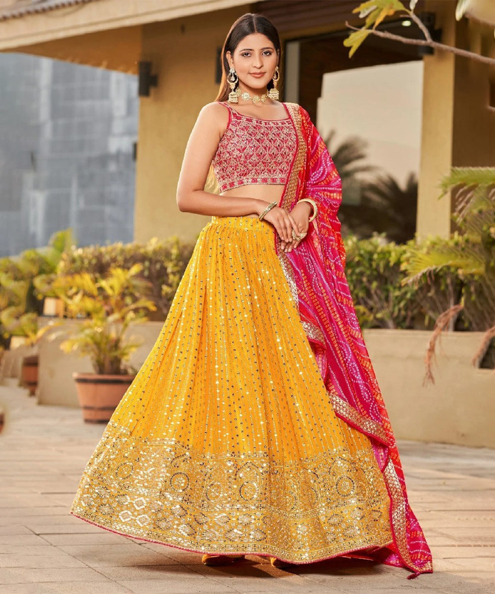 Yellow Sequins Work Georgette Lehenga Choli with Festive Charm Unstitched