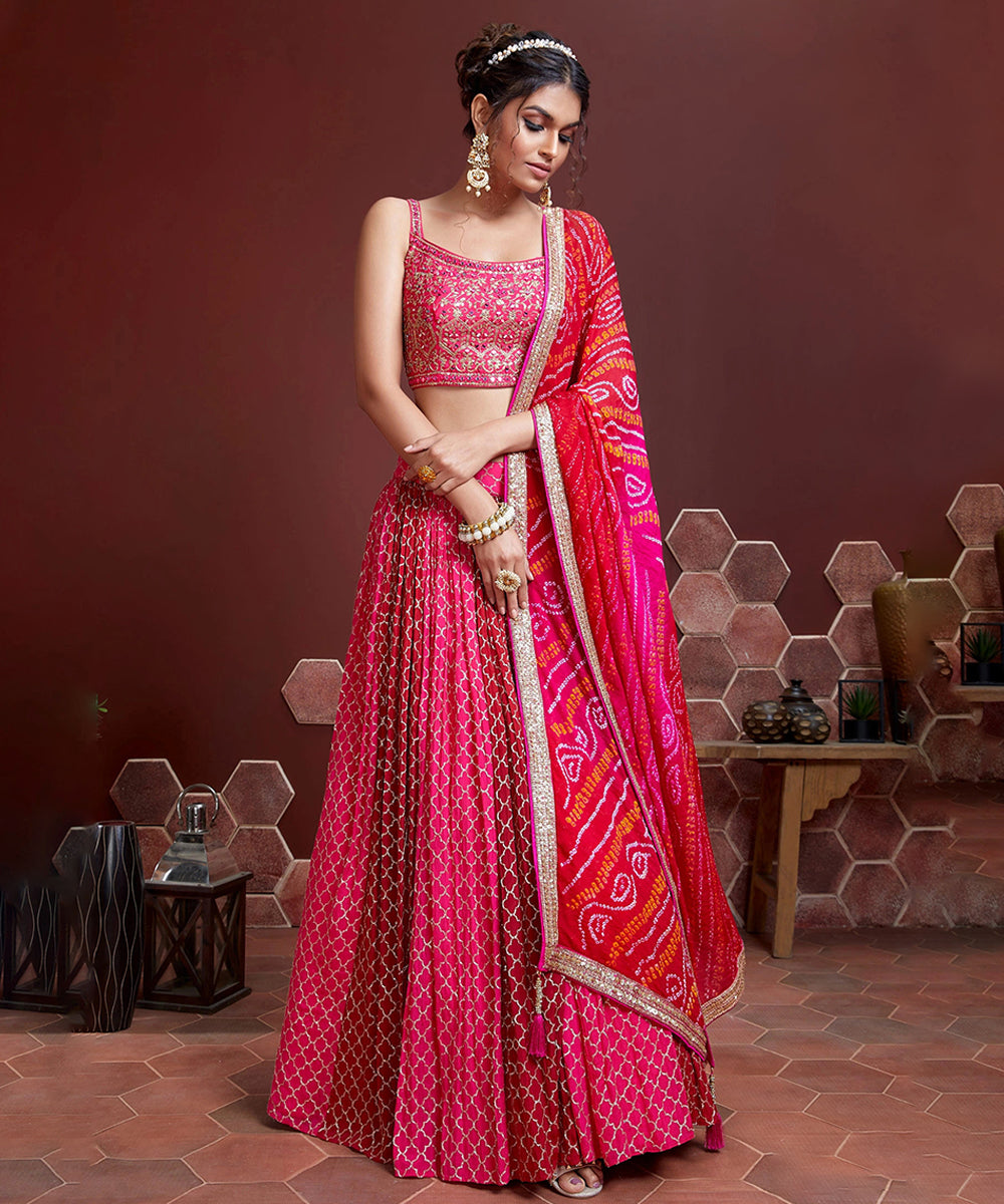 Pink Zari and Sequins Embroidered Silk Lehenga with Mirror Work Unstitched