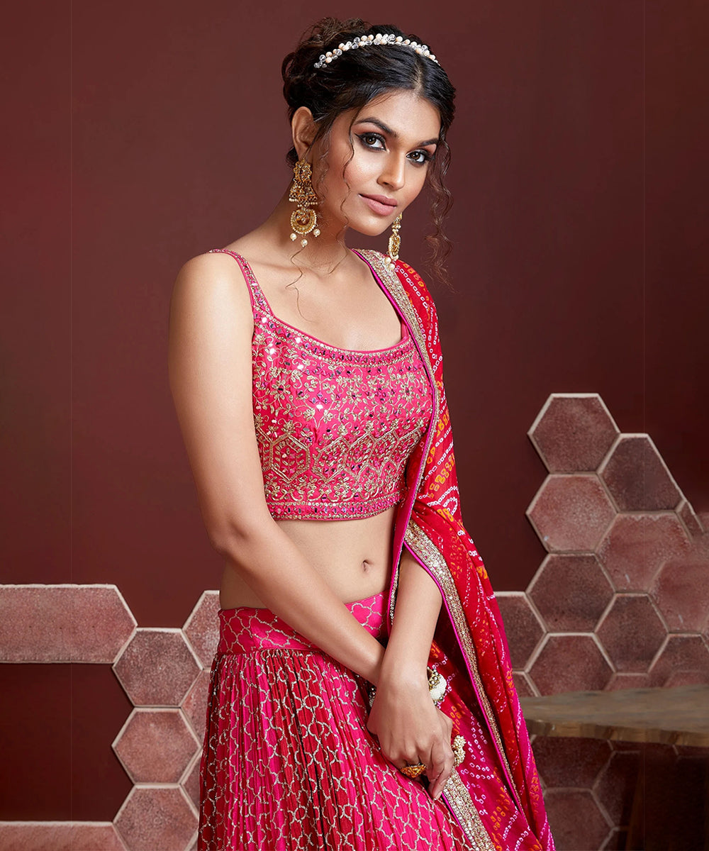Pink Zari and Sequins Embroidered Silk Lehenga with Mirror Work Unstitched