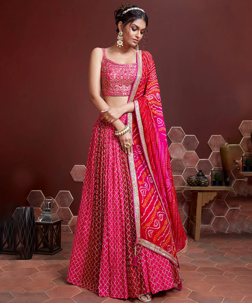 Pink Zari and Sequins Embroidered Silk Lehenga with Mirror Work Unstitched