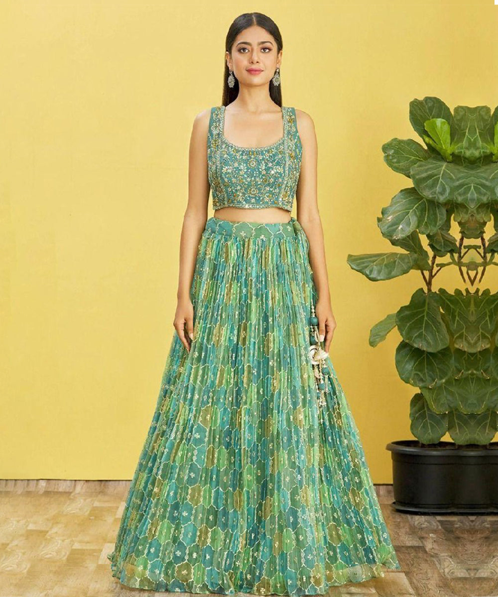 Sea Green Thread Embroidered Organza Lehenga Choli Unstitched