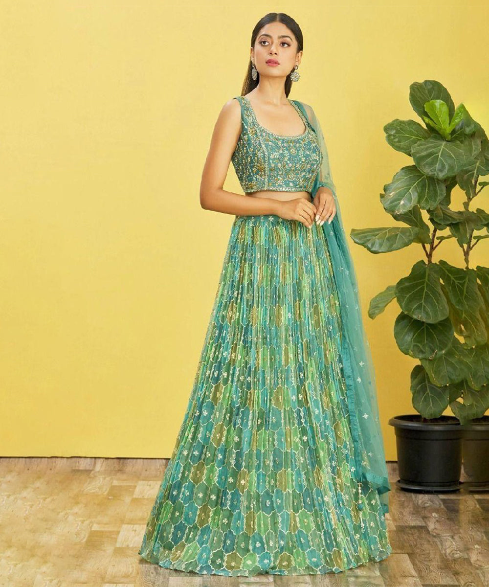 Sea Green Thread Embroidered Organza Lehenga Choli Unstitched