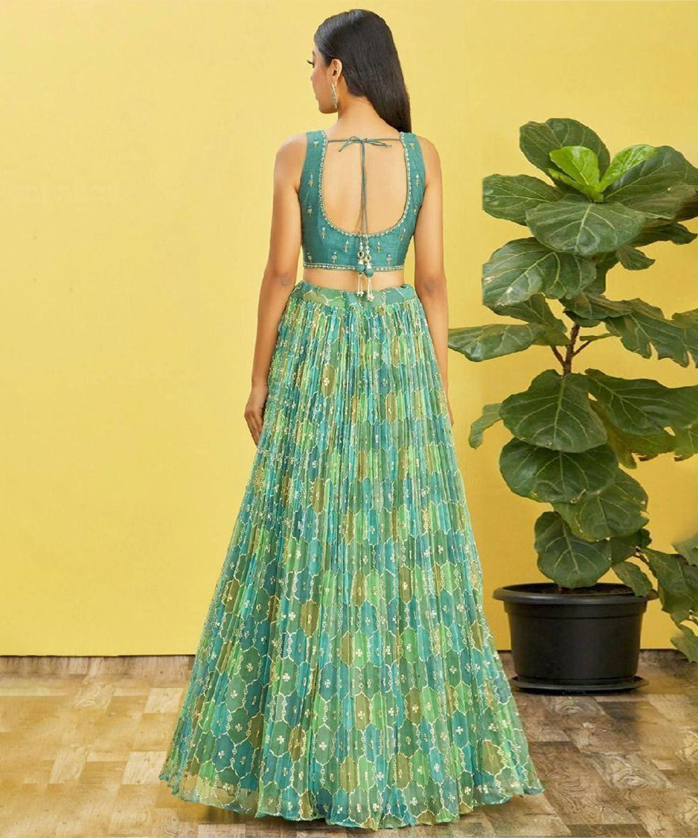 Sea Green Thread Embroidered Organza Lehenga Choli Unstitched