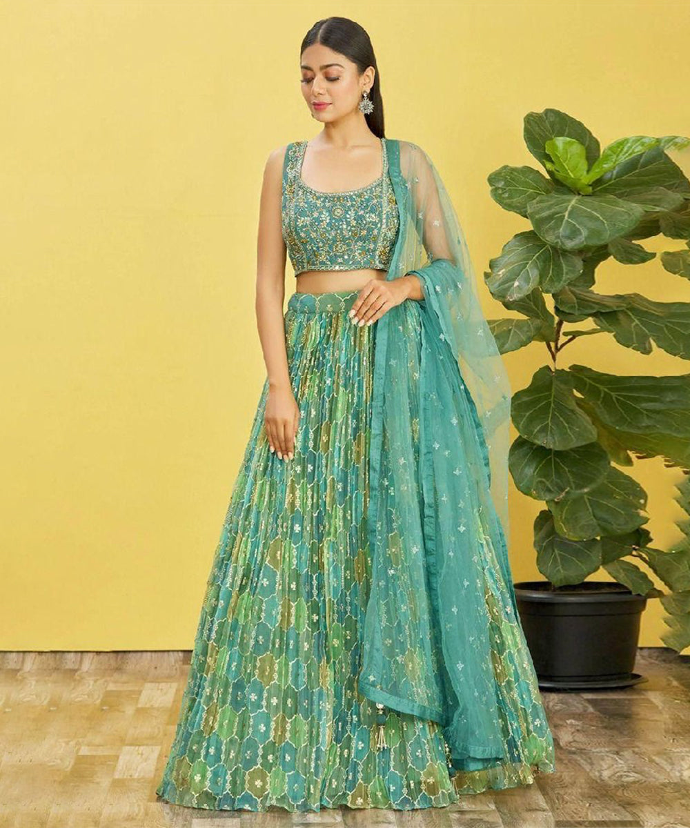 Sea Green Thread Embroidered Organza Lehenga Choli Unstitched