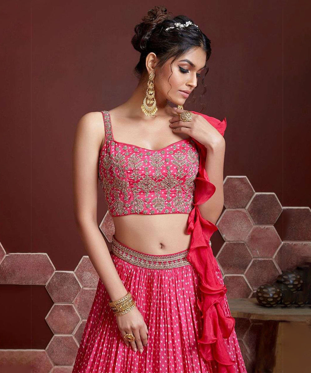 Gorgeous Pink Zari Embroidered Bandhani Silk Lehenga Choli Unstitched