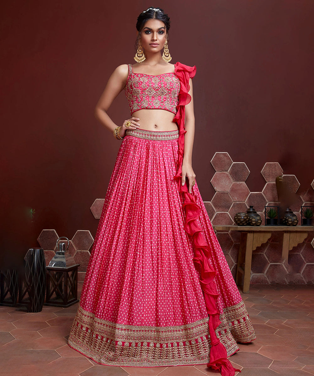 Gorgeous Pink Zari Embroidered Bandhani Silk Lehenga Choli Unstitched