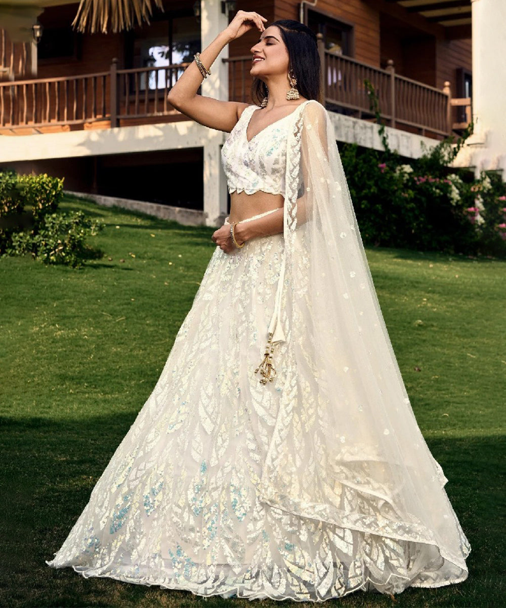 Off-White Thread Embroidered Organza Lehenga Choli Unstitched