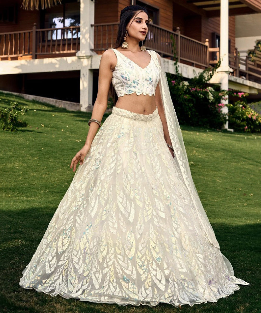 Off-White Thread Embroidered Organza Lehenga Choli Unstitched