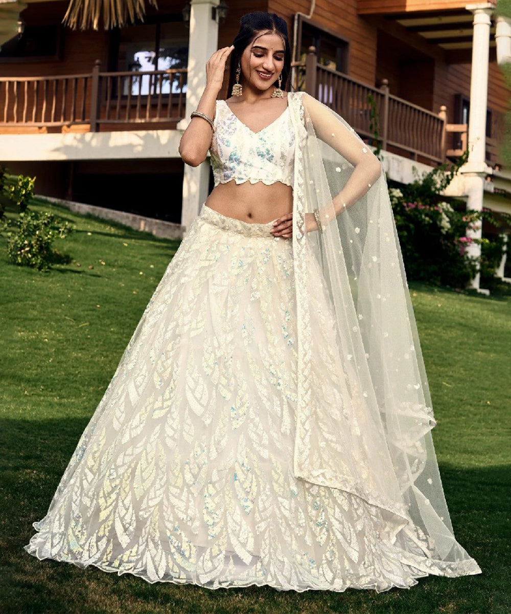 Off-White Thread Embroidered Organza Lehenga Choli Unstitched