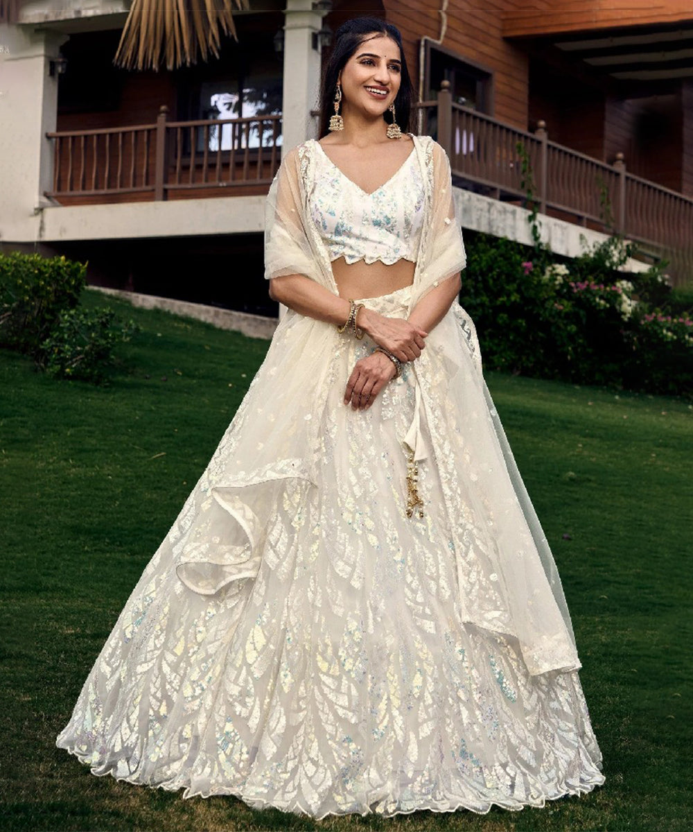 Off-White Thread Embroidered Organza Lehenga Choli Unstitched