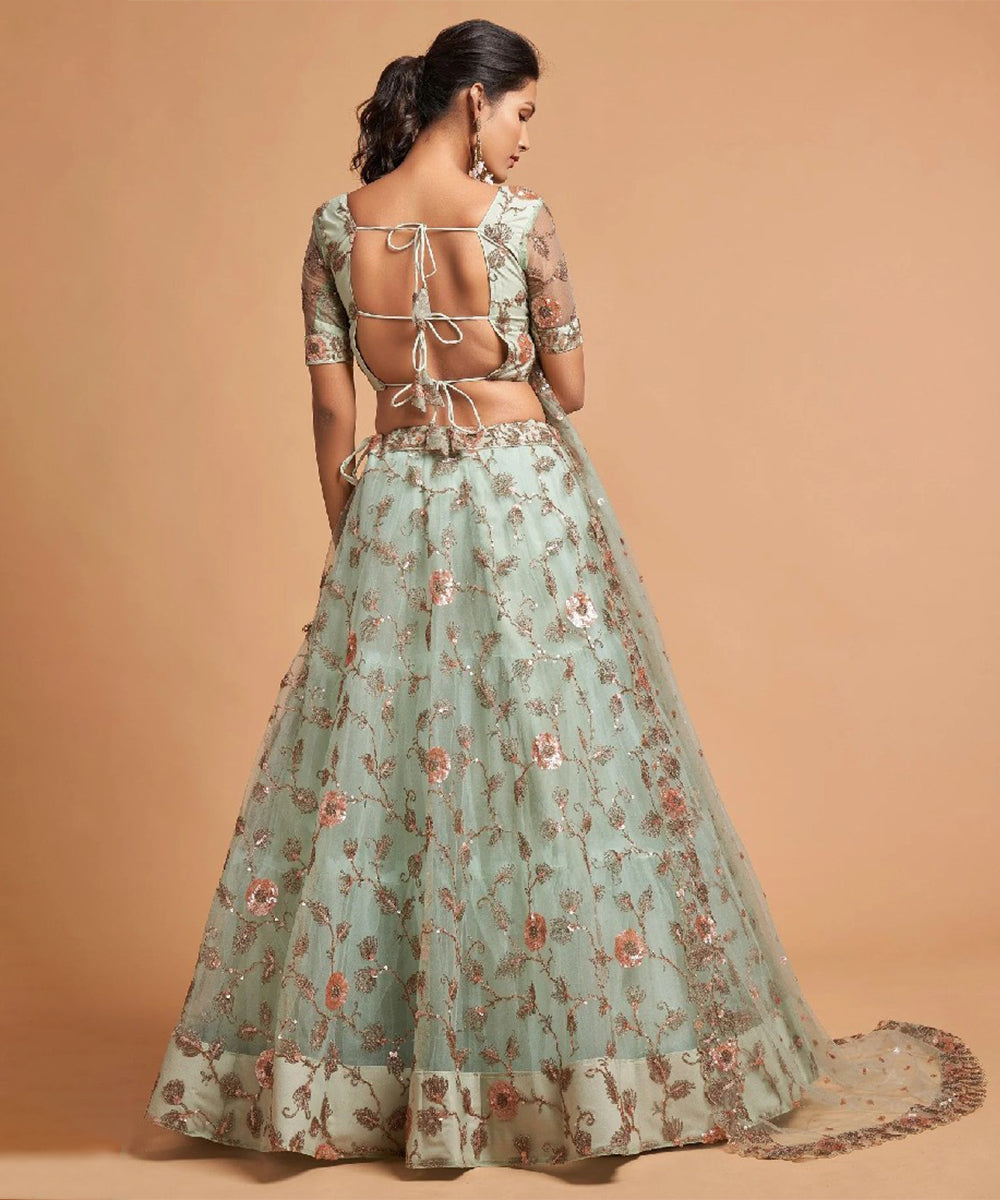 Pista Green Thread Embroidered Net Lehenga Choli Unstitched
