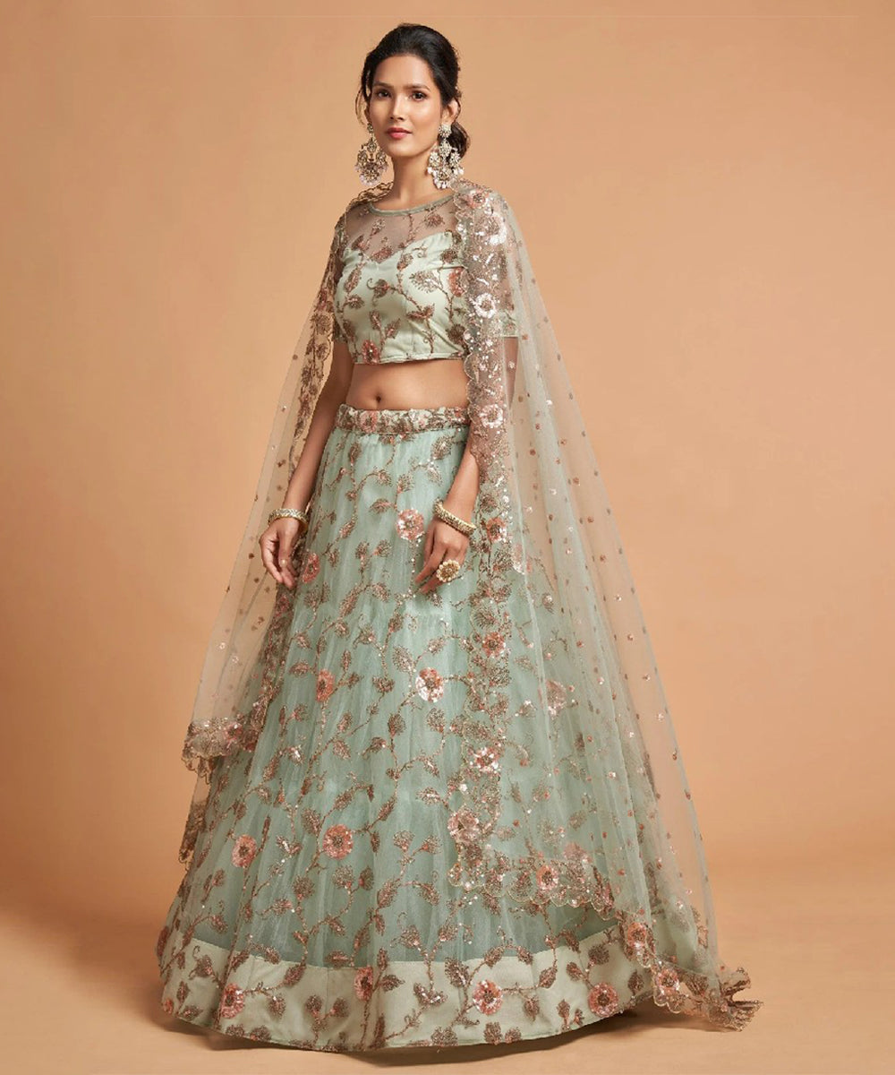 Pista Green Thread Embroidered Net Lehenga Choli Unstitched