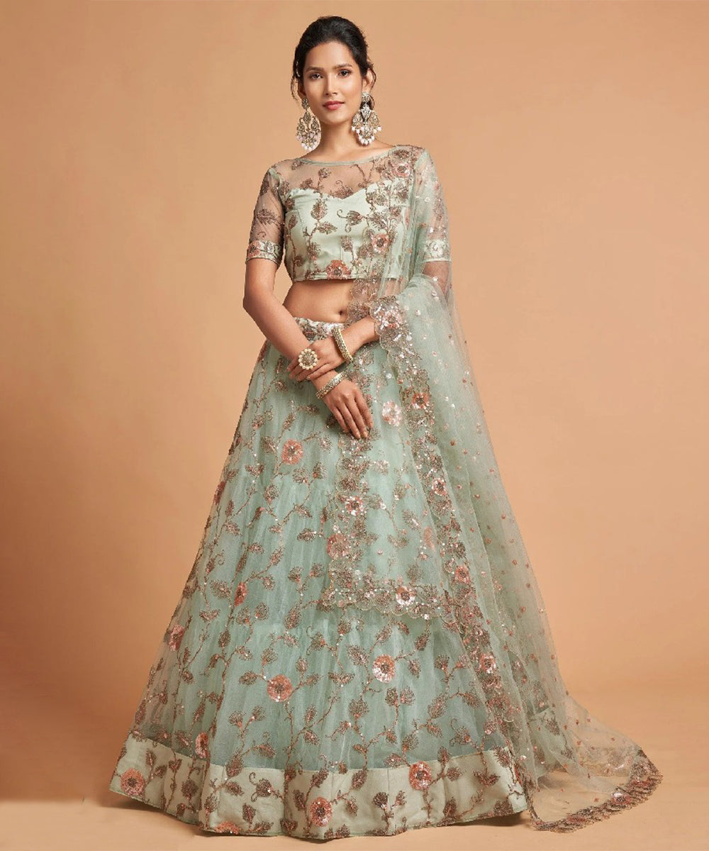 Pista Green Thread Embroidered Net Lehenga Choli Unstitched