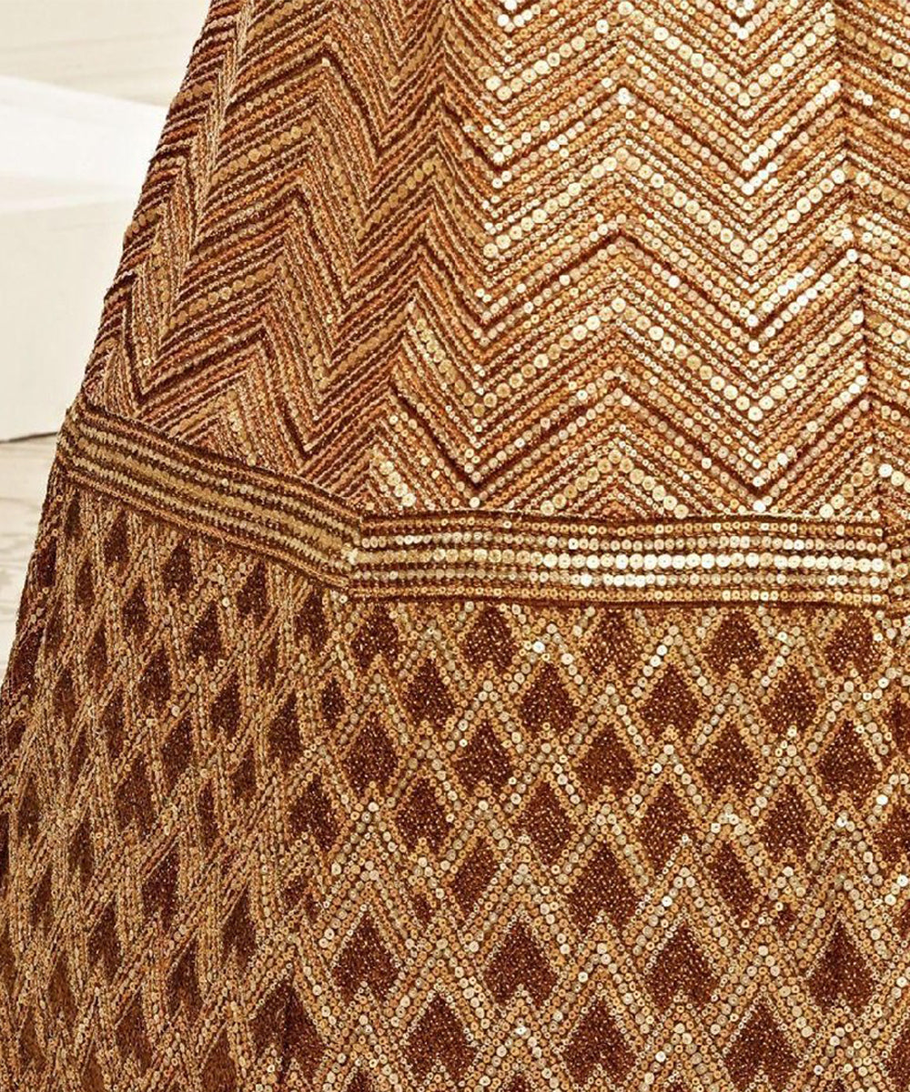 Brown Slub Silk Lehenga Choli with Thread Embroidery Unstitched