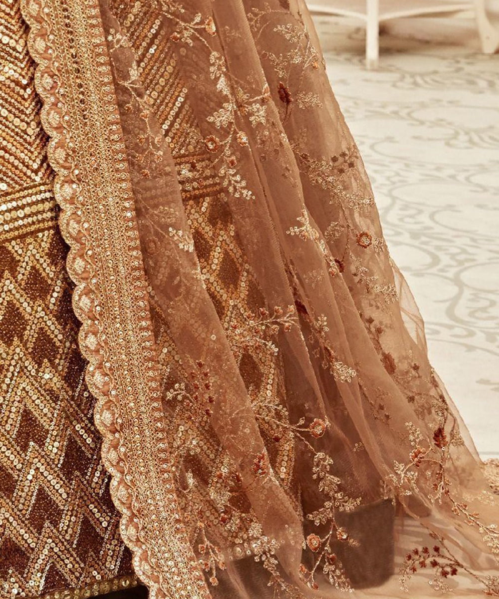 Brown Slub Silk Lehenga Choli with Thread Embroidery Unstitched