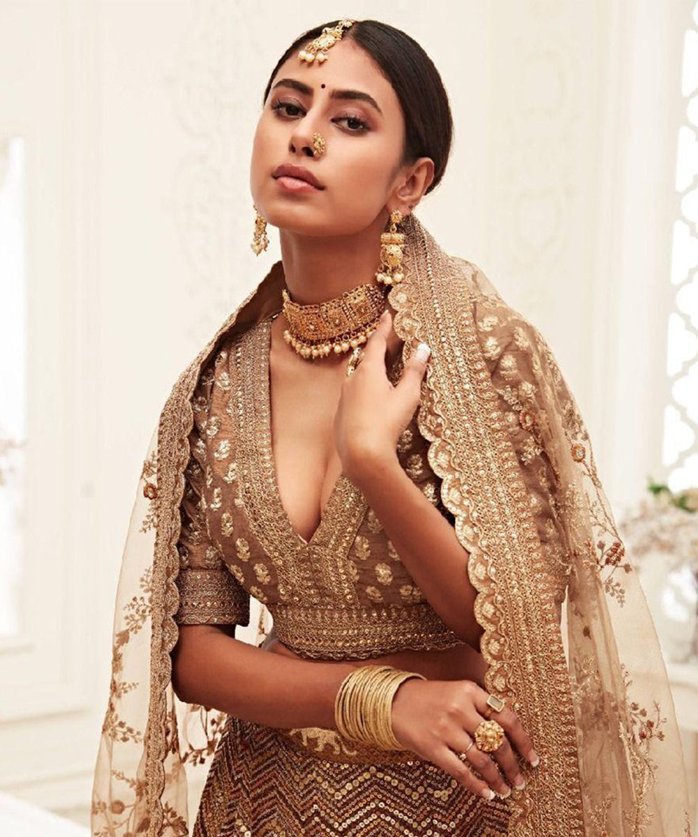 Brown Slub Silk Lehenga Choli with Thread Embroidery Unstitched
