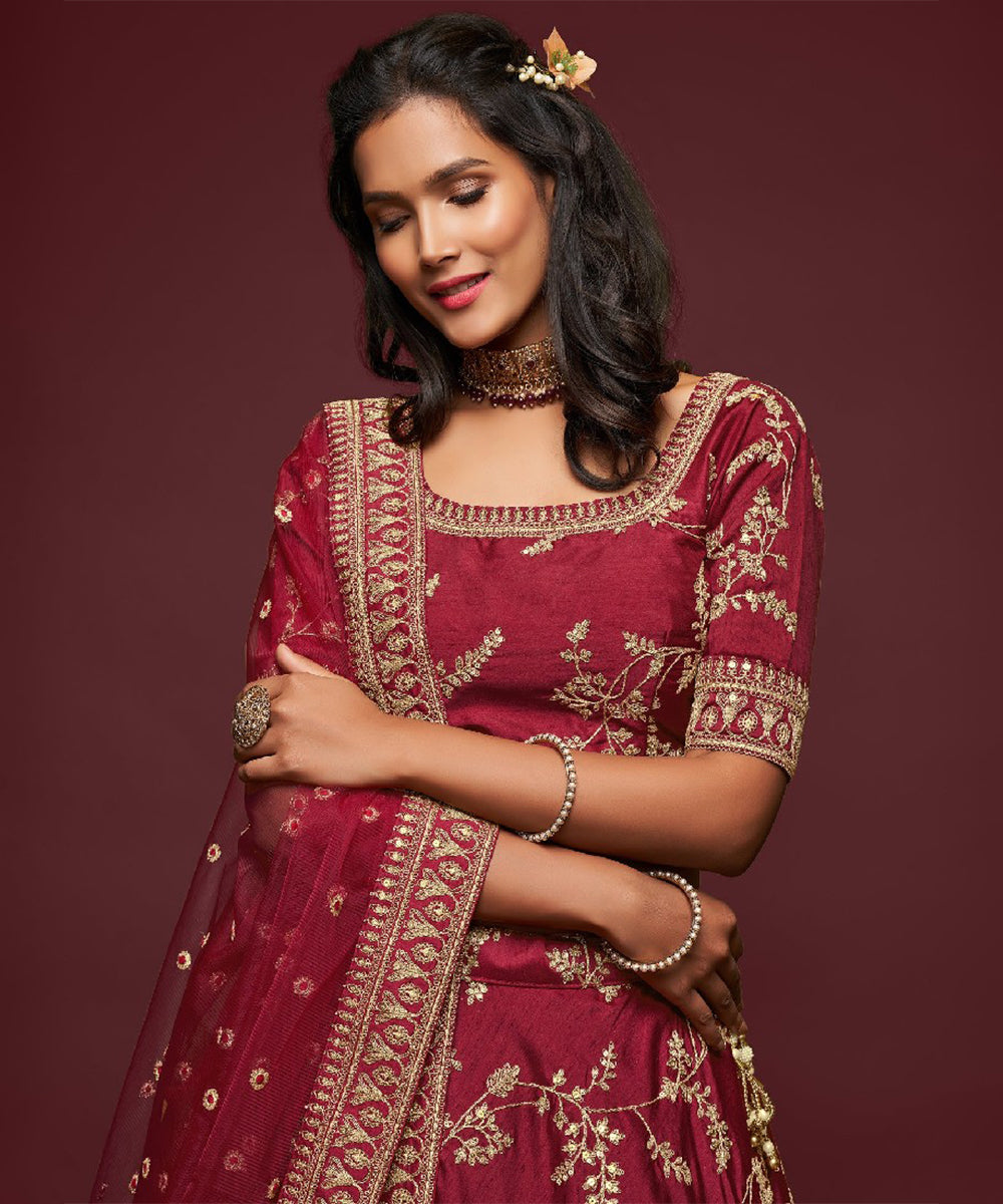 Maroon Art Silk Lehenga Choli with Exquisite Thread Work Unstitched