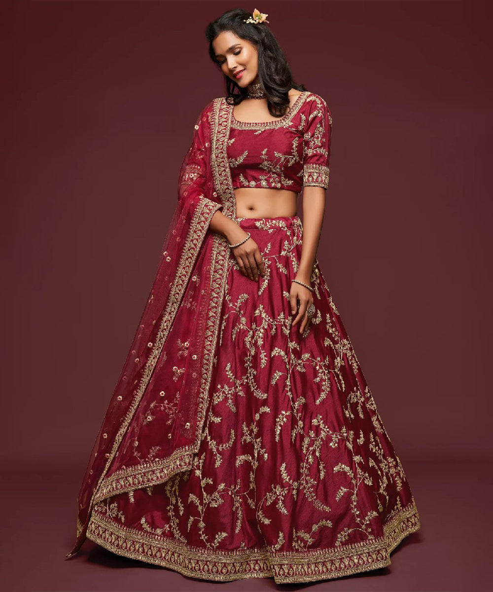Maroon Art Silk Lehenga Choli with Exquisite Thread Work Unstitched