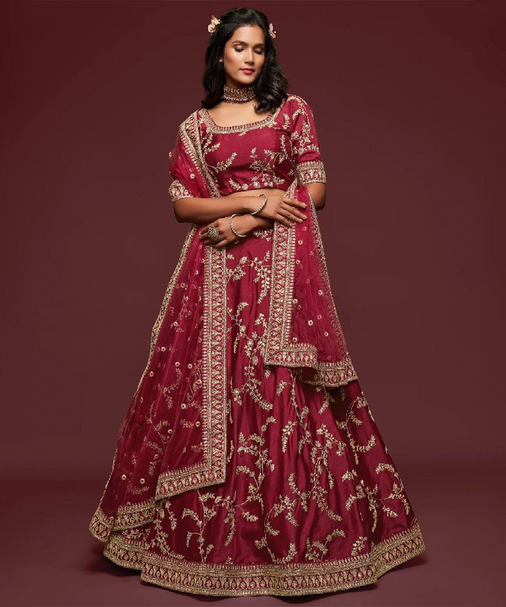Maroon Art Silk Lehenga Choli with Exquisite Thread Work Unstitched