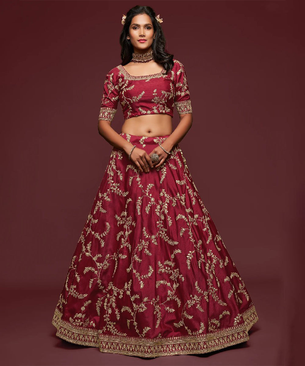 Maroon Art Silk Lehenga Choli with Exquisite Thread Work Unstitched