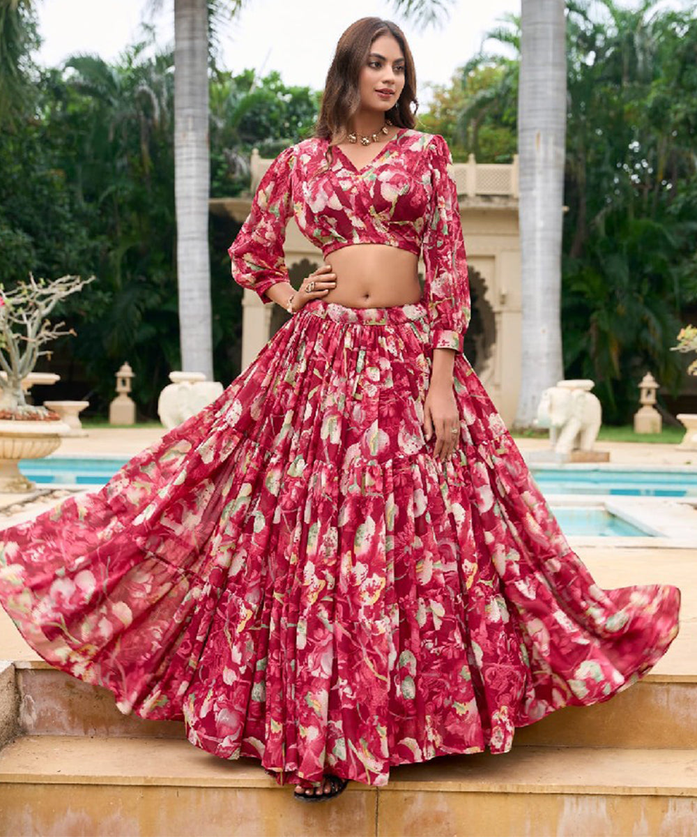 Red Georgette Lehenga Choli with Traditional Print Design Unstitched