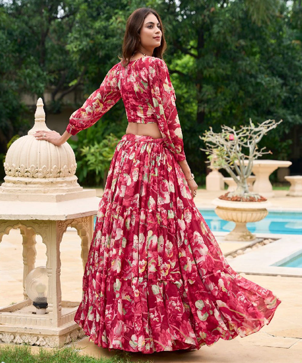 Red Georgette Lehenga Choli with Traditional Print Design Unstitched