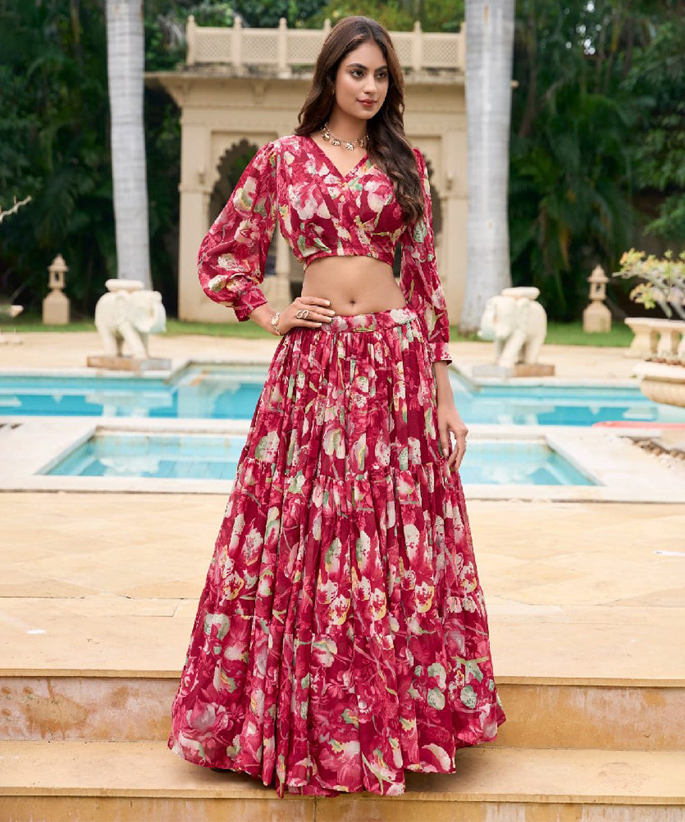 Red Georgette Lehenga Choli with Traditional Print Design Unstitched