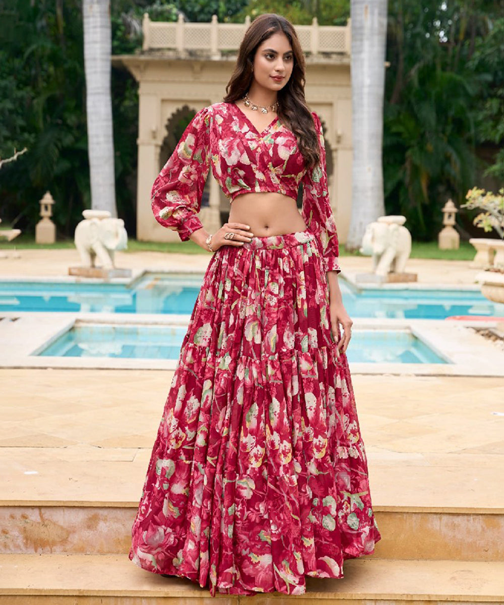 Red Georgette Lehenga Choli with Traditional Print Design Unstitched