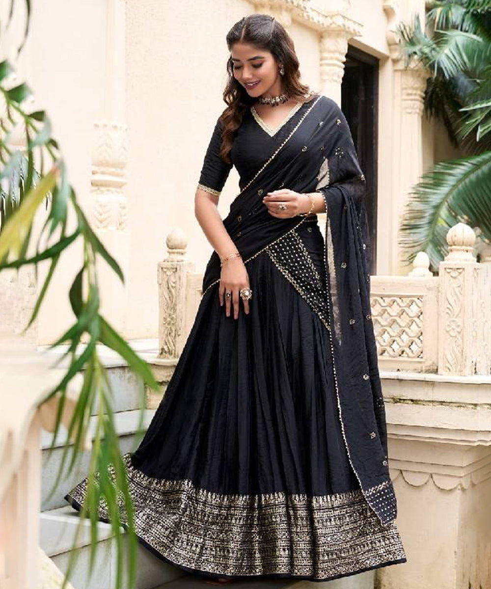 Black Chanderi Lehenga Choli with Intricate Zari Weaving Unstitched