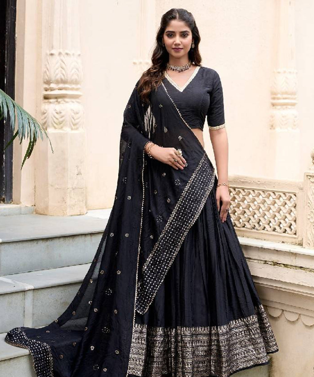 Black Chanderi Lehenga Choli with Intricate Zari Weaving Unstitched