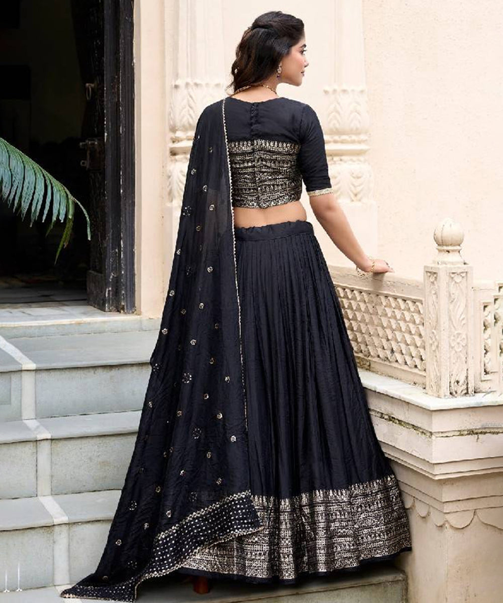 Black Chanderi Lehenga Choli with Intricate Zari Weaving Unstitched
