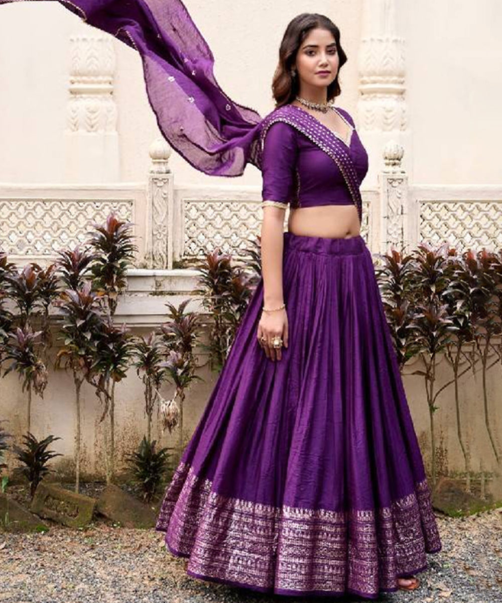 Purple Chanderi Lehenga Choli with Zari Weaving Unstitched