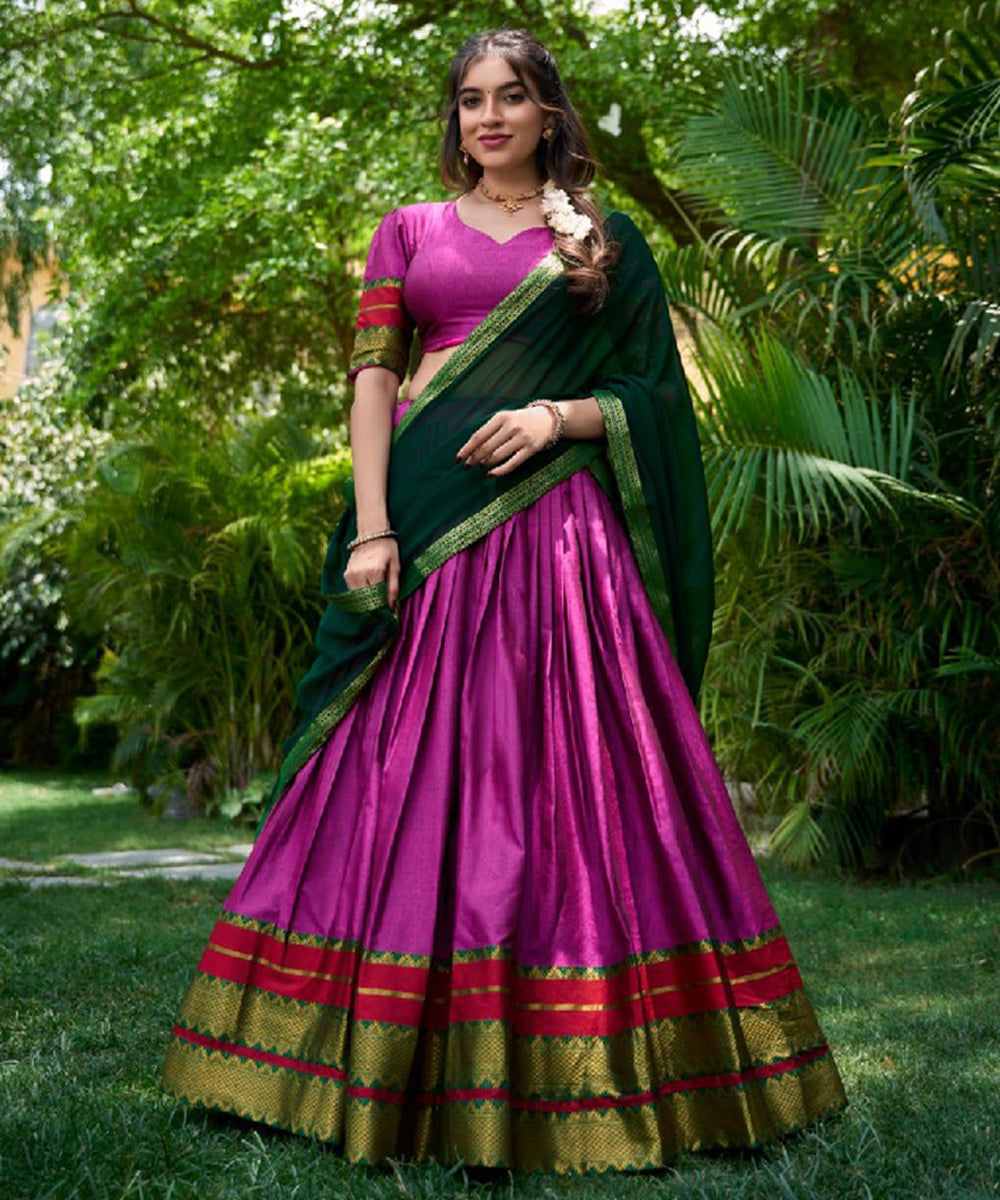 Pink Cotton-Poly Lehenga Choli with Elegant Zari Work Unstitched